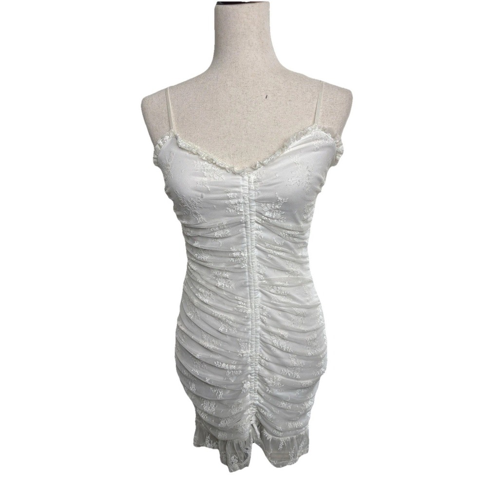 Mesh Embroidered Mini Dress Womens Medium Cream Y2K Fairy Coquette Floral Ruched